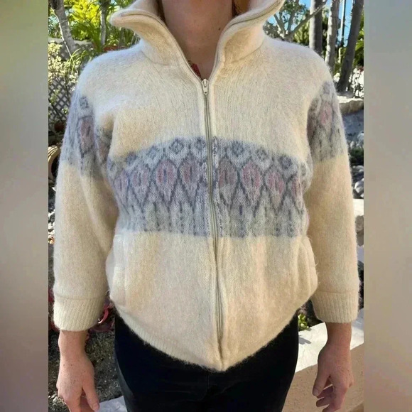 100% Wool Fair Isle Zip Up Jacket Made in Iceland Neutral Shrunk ☹️ Sz S-M - Picture 1 of 12